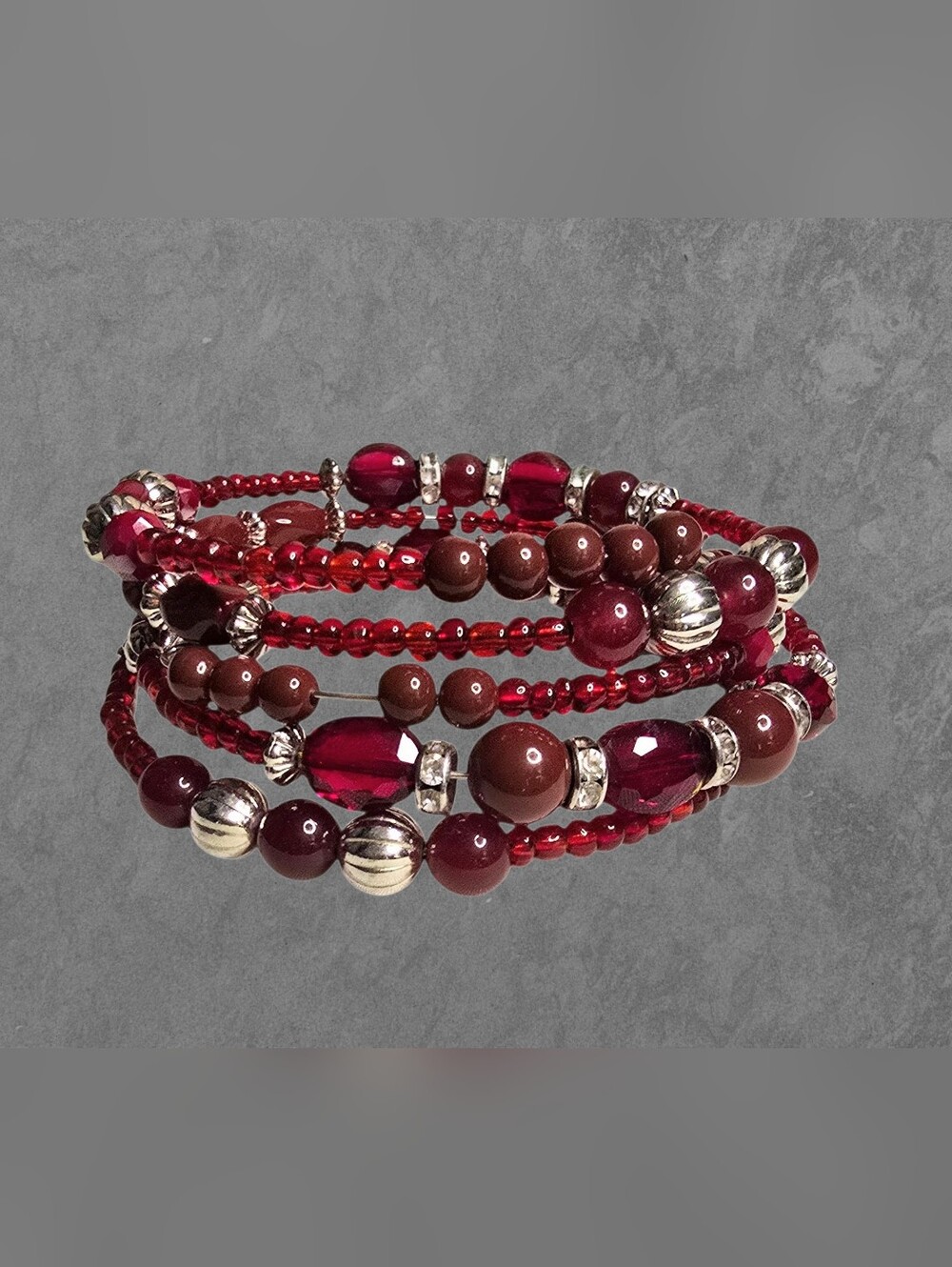 Vintage Burgundy Red Silver Toned Bead Stacking Wrap Around Wire Bracelet